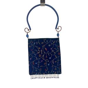 Royal Blue Silk Brocade Bag with Beaded Fringe